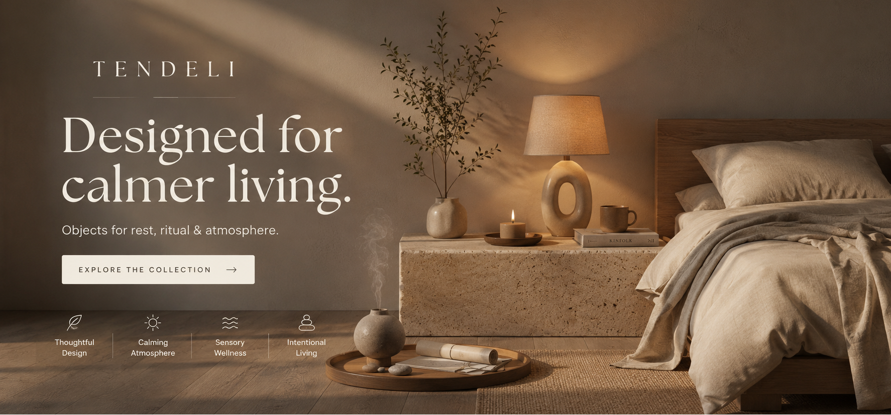 Cozy bedroom with 'Tendeli' branding and text about 'Designed for calmer living'.