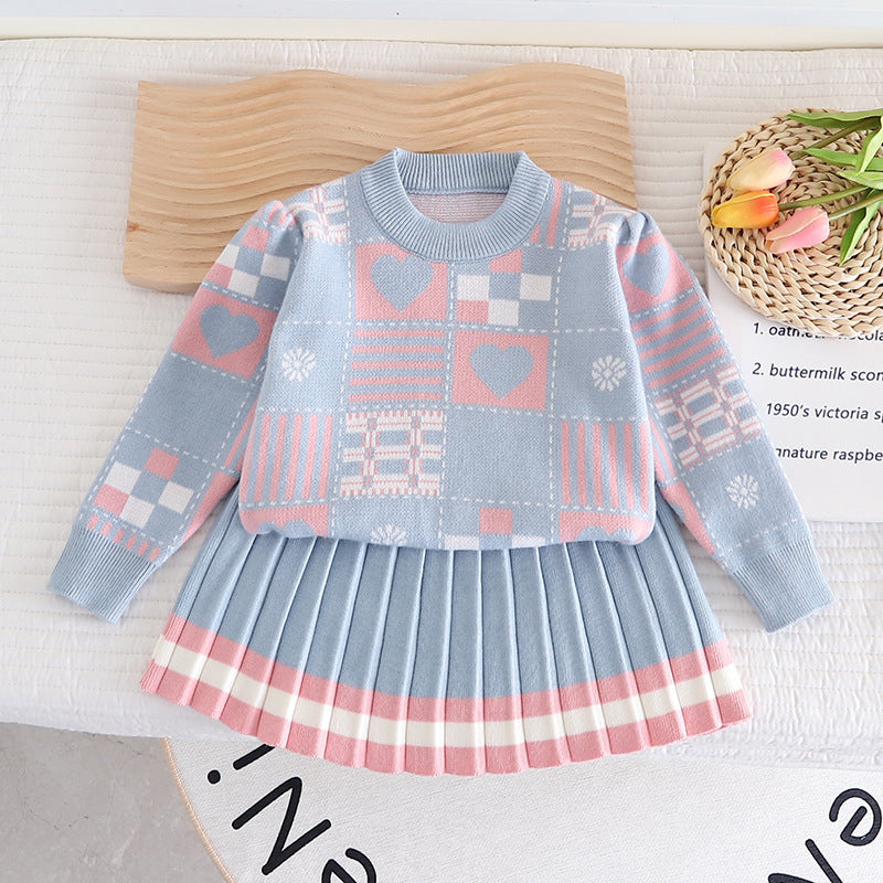 Girls' Geometric Print Knit Sweater Dress Two-Piece Set