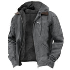 Casual Solid Color Hooded Cotton Jacket with Fleece Lining and Zipper Pockets for Men