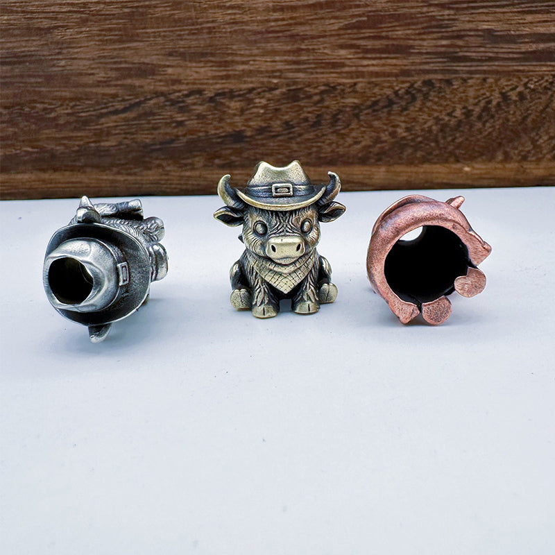 Brass Cow Head Paracord Bead Set, Western Calf Cutter Lanyard Pendants for Knife EDC & DIY Bracelets