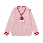 V-Neck Teddy Bear Print Sweater - Casual Cotton Pullover