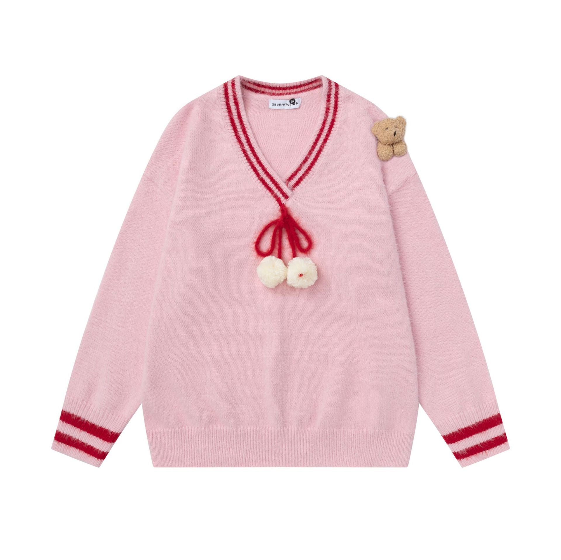 V-neck teddy bear pendant sweater