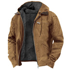 Casual Solid Color Hooded Cotton Jacket with Fleece Lining and Zipper Pockets for Men