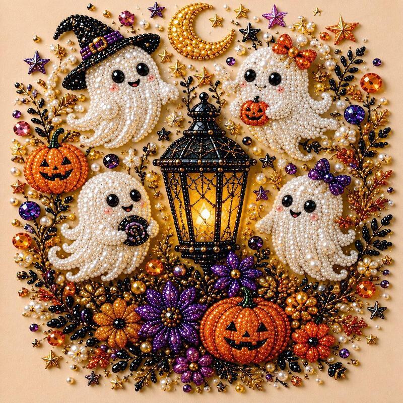 Spooky Ghost Diamond Art Kit, Halloween DIY Wall Decor for Adults & Beginners, Full Drill Gem Painting