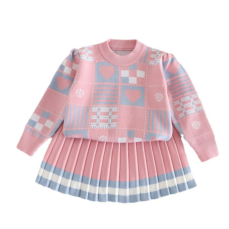 Girls Geometric Print Knit Sweater Dress Two-Piece Set