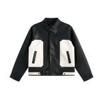 Men's Patchwork PU Leather Jacket - Stand Collar Casual Workwear Jacket
