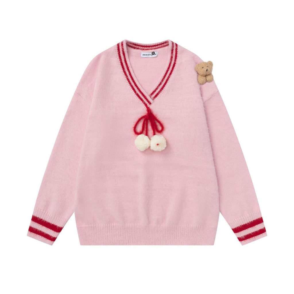 V-neck teddy bear pendant sweater