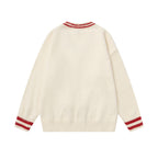 V-Neck Teddy Bear Print Sweater - Casual Cotton Pullover