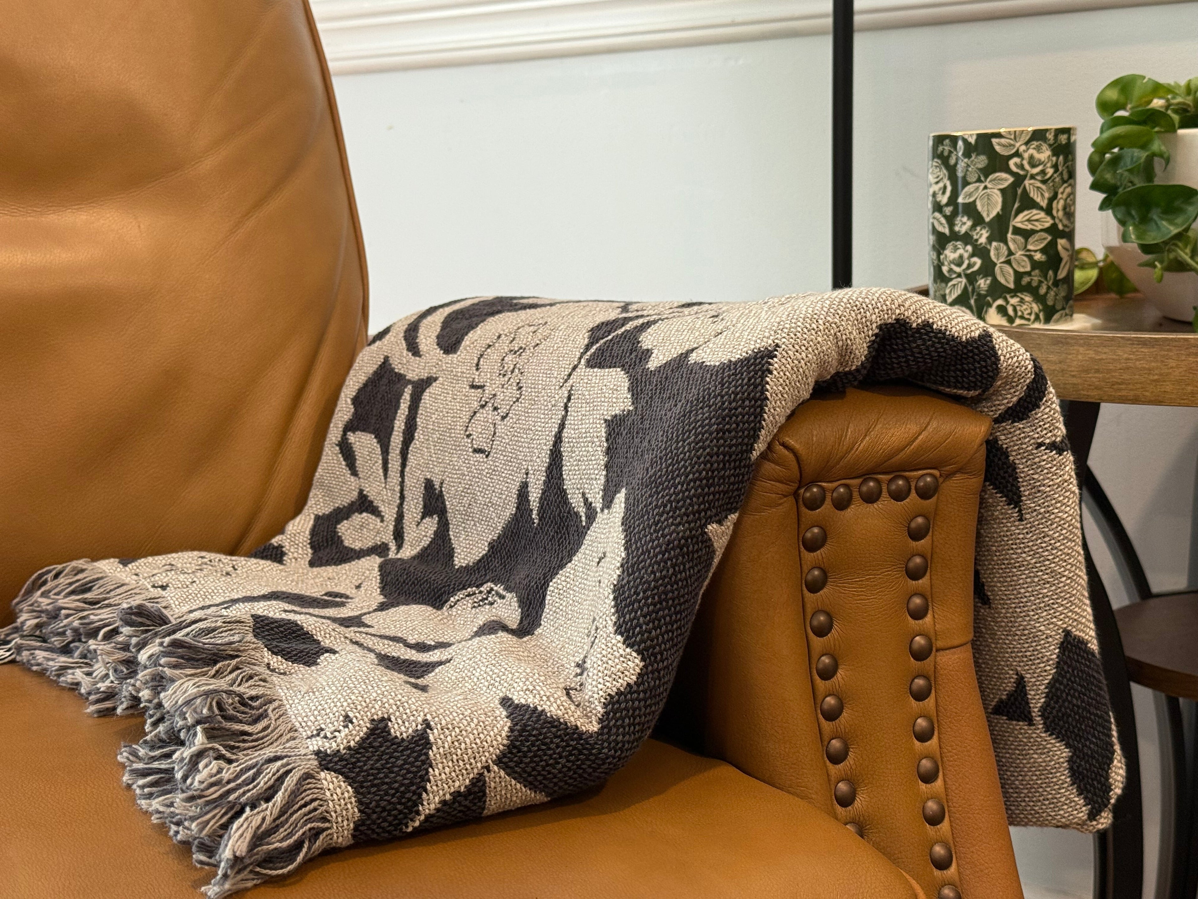 Ochre Floral Woven Throw Blanket with Fringe, 100% Cotton