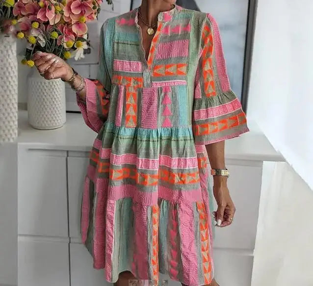 FloralDrift Printed V-Neck Flare Dress